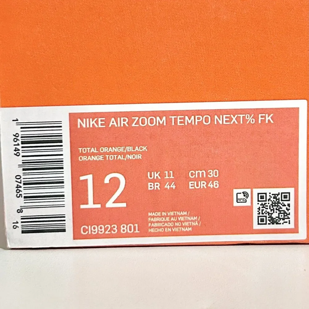Nike Air Zoom Tempo NEXT% Flyknit “Total Orange” Men’s Size 12 Running Shoes